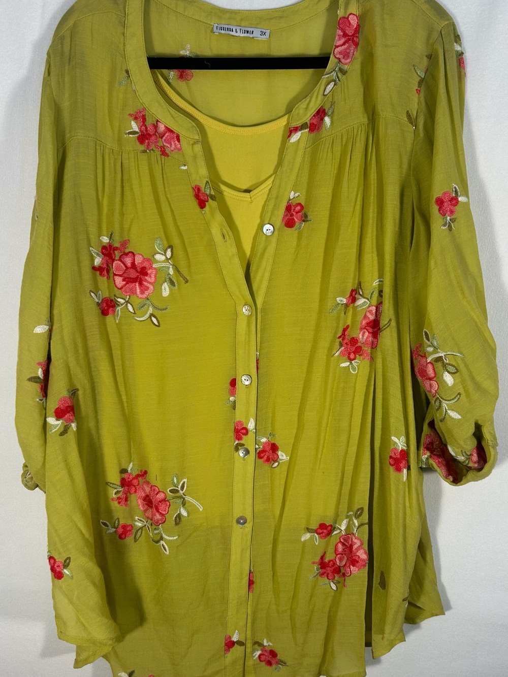 Embroidered Floral Button-Down Shirt in Chartreuse